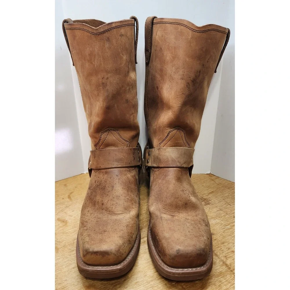 Dingo Dean Tan Harness Boots Square Toe Biker Pull On Brown Distressed Size 11 D